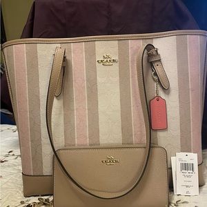 New beautiful Coach bag, multicolor with tan, pink , and khaki. Matching wallet.